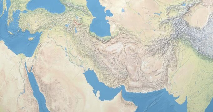 Iran on Globe. Zoom into the country with Earth spinning on dark background. Physical world map with Iran and label on it. Country view animation.