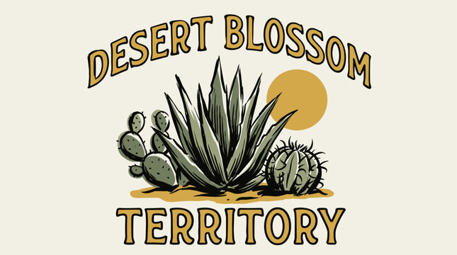 Desert blossom territory. Vintage cactus print design for t shirt poster sticker. Explore more. Wild west adventure artwork.