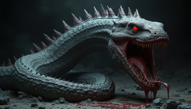 Large snake monster with red eyes and sharp teeth opens mouth showing tongue. Spikes run down its gray scaled body. Bloody ground surrounds creature.