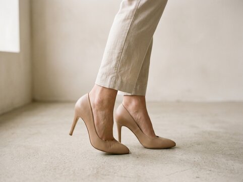 Woman wearing beige high heels standing on minimalist light floor in elegant indoor setting