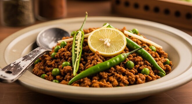 Close-up of Homemade Keema Curry with Peas and Lemon Garnish in White Bowl on Table