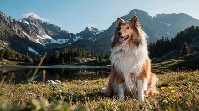 Rough Collie Dog Standing in Alpine Mountain Meadow Landscape.