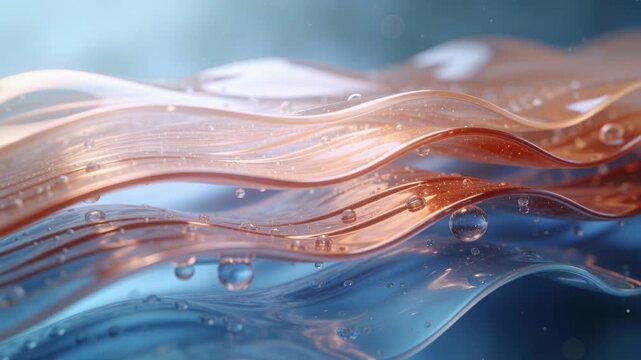 Abstract fluid waves of copper peptides and blue liquid. Macro shot of moving translucent layers with bubbles. Skincare and science concept
