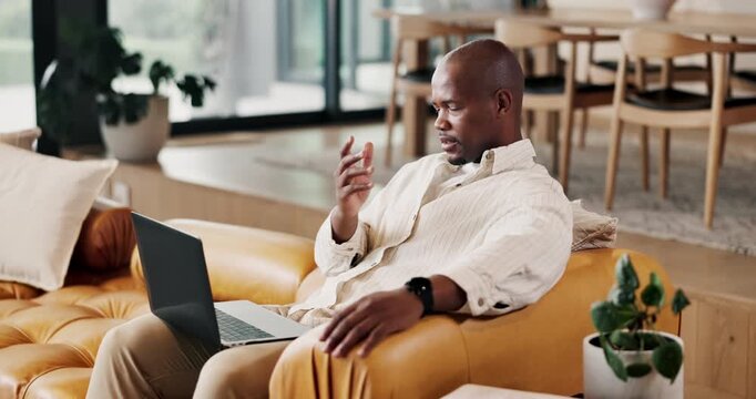 Laptop, thinking and black man with stress in home, remote work challenge and confused with email. Computer, freelancer or person problem solving with doubt, fail or frustrated with difficult project