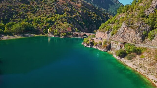 Aerial view of Lago di San Domenico and Eremo in Abruzzo, Italy