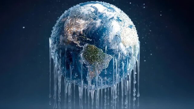 Earth globe with melting ice and water droplets, showcasing a gradual transformation from solid to liquid in a dark, atmospheric setting