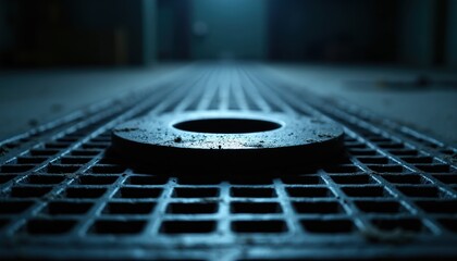 Fototapeta premium Dark metal washer rests on industrial grid floor. Grate surface with linear pattern. Background fades into deep, moody shadow. Minimalist, abstract composition.
