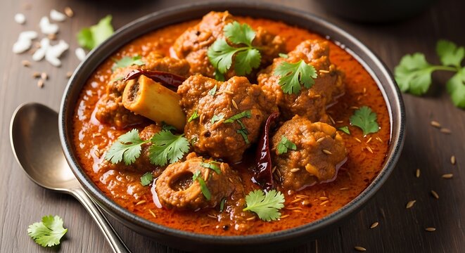 Spicy mutton masala curry served in black bowl with fresh cilantro garnish on wooden table