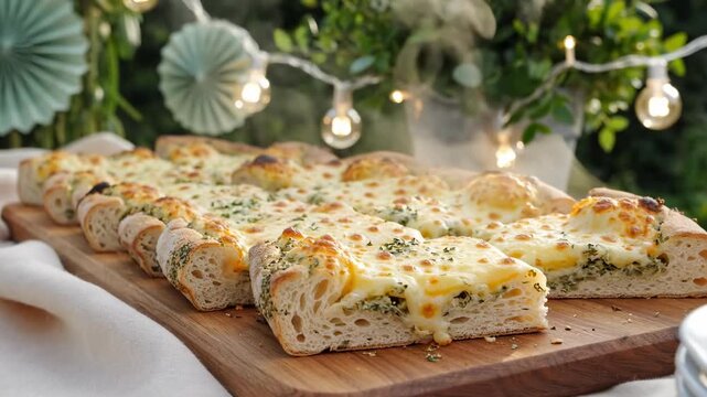 Airy rectangular herb cheese pizza portions on a wooden board, glowing beneath garden bulbs and mint paper fans for cheese pizza day, with crisp edges, creamy topping, and an outdoor party setting