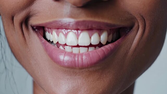 Close-up of smiling woman with beautiful teeth. Bright smile conveys joy and confidence. Healthy teeth reflect good dental care. Perfect smile enhances personal appearance.