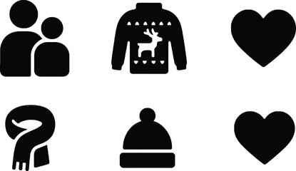 Family with two children wearing matching reindeer christmas sweaters and hearts icons set Vector © MstSonia
