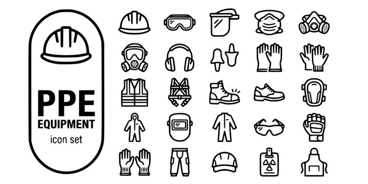 Personal Protective Equipment PPE Bold Line Icons-Hard Hat Goggles Face Shield N95 Respirator Ear Muffs Gloves High-Vis Harness Steel Toe-25 PPE Icon Set Vector