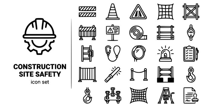 Construction Site Safety Bold Line Icons-Barrier Tape Traffic Cone Scaffolding Barricade Guardrail Fall Arrest Ladder Lanyard Beacon Checklist-25 Site Safety Icon Set Vector