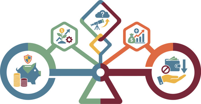 Financial planning infographic displays the balance between investment growth, market analysis, and cost reduction strategies for fiscal stability.