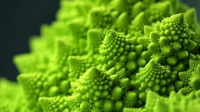Romanesco broccoli cabbage or Roman Cauliflower abstract texture on black background, macro shot. Fresh Food design, vegan backdrop, slow motion, rotating. 