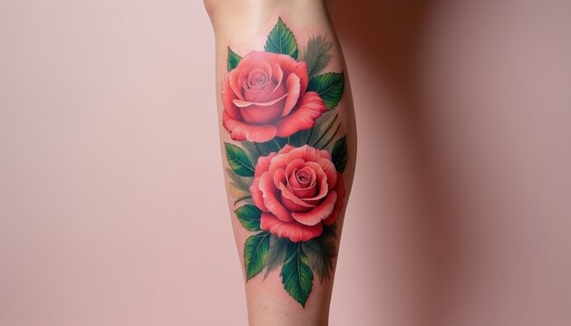 Woman displays leg with detailed rose tattoos. Red flowers with green leaves adorn skin. Art on body represents floral beauty and personal expression.