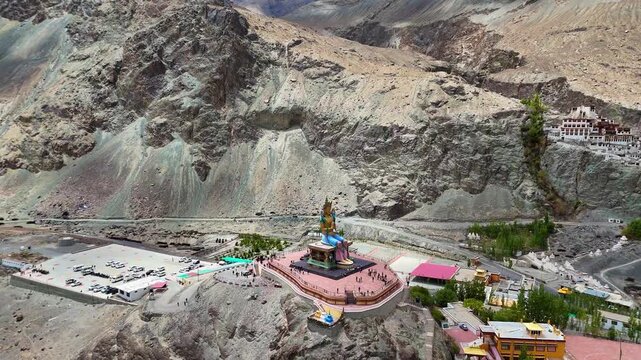 4K Drone Shot of Maitreya Buddha Statue at Diskit Monastery, Nubra Valley, Ladakh, India