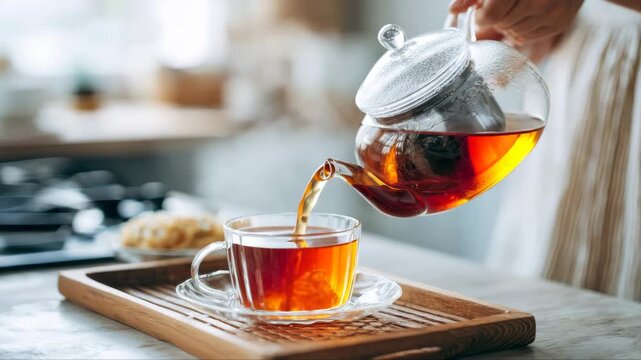 Woman pours hot tea from a glass teapot into a clear cup on a wooden tray, with a cozy kitchen setting and snacks visible in the background