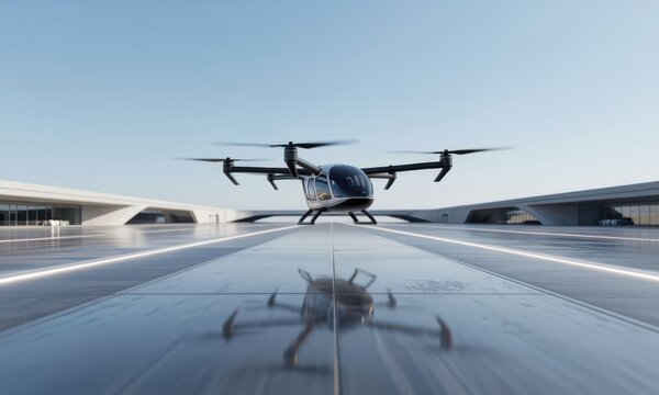 The eVTOL air taxi is poised on the rooftop, ready for flight. This innovative VTOL craft represents the future of urban mobility and aerial transportation.