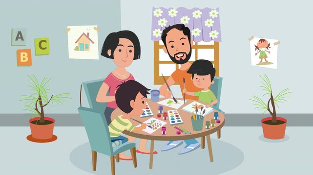 Animation of the concept of Parents and Kids Bonding Around