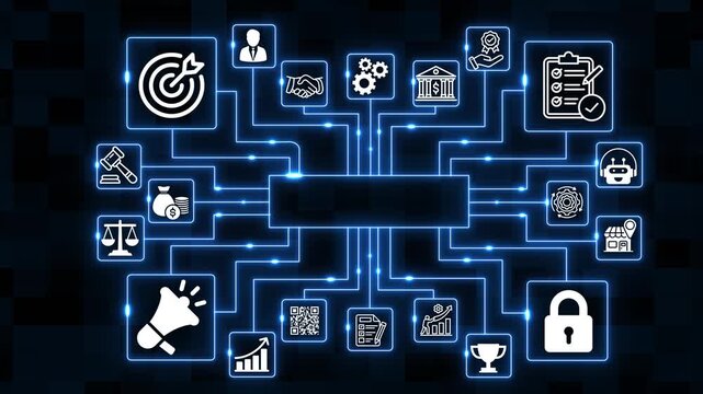 Future Technology Network Interface with SQL Ecosystem and Corporate Digital Connections Neon Blue Circuit Network Display with Business Icons and Digital Hub.