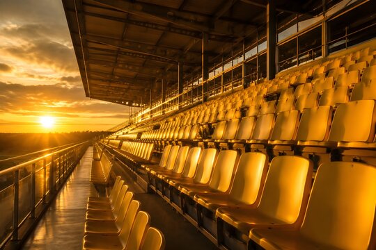 Sunlit Golden Hour Grandstand Empty Seats Warm Glow Professional Sports Venue Stock Photo Background Image