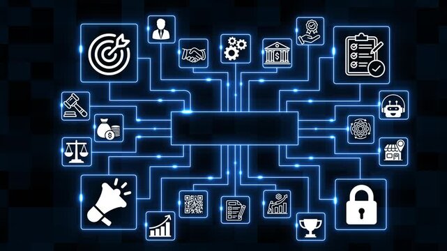 Future Technology Network Interface with TCP Ecosystem and Corporate Digital Connections Neon Blue Circuit Network Display with Business Icons and Digital Hub.