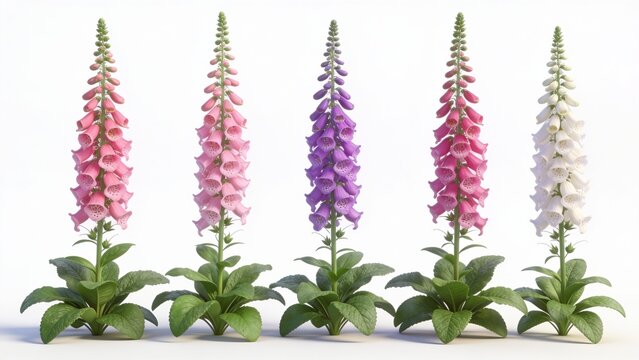 Set of colorful foxglove flowers isolated on white background with foxglove