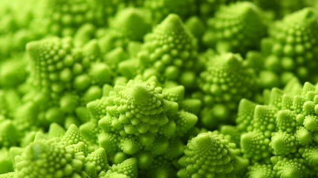 Romanesco broccoli cabbage or Roman Cauliflower abstract texture rotating green background, macro shot. Fresh Food design, vegan backdrop, slow motion 
