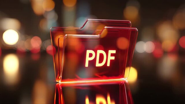 Transparent red folder labeled PDF displayed in a reflective surface with blurred colorful lights in the background, showcasing a modern digital storage concept