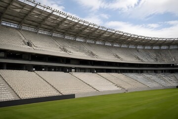Naklejka premium Large Open Air Grandstand with Neutral Seats and Green Field Edge Realistic Wide Shot Background