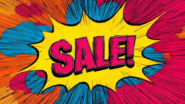 Dynamic comic book style sale announcement with vibrant colors and bold text SALE! Explosive comic book graphic featuring the word SALE in bold pink letters