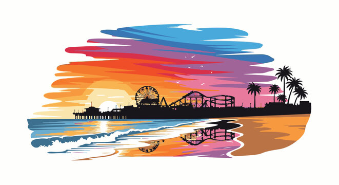 Vibrant sunset silhouette of a coastal amusement park with palm trees and ocean waves