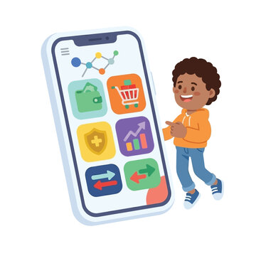 2D cartoon smartphone super app dashboard fintech payments banking shopping insurance illustration, financial technology multi-service platform concept, teal coral lavender golden vibrant white