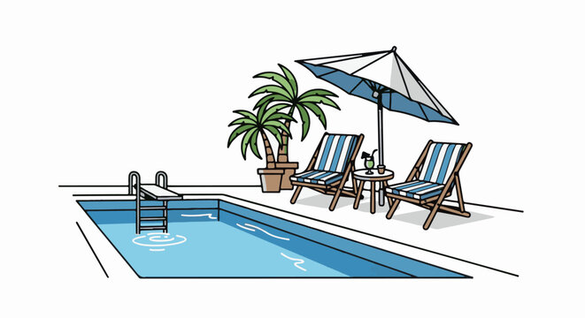 A sunny poolside scene with lounge chairs, an umbrella, drinks, and a diving board