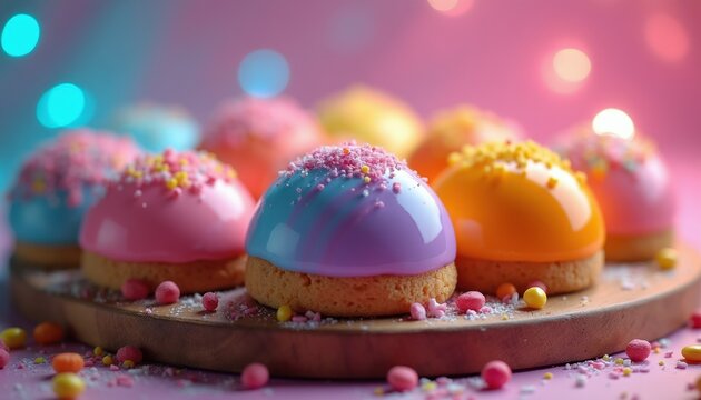 Assortment of colorful dome pastries with sprinkles on wooden board. Dessert arrangement includes pink blue orange yellow frosted cakes. Sweet treats for party celebration.
