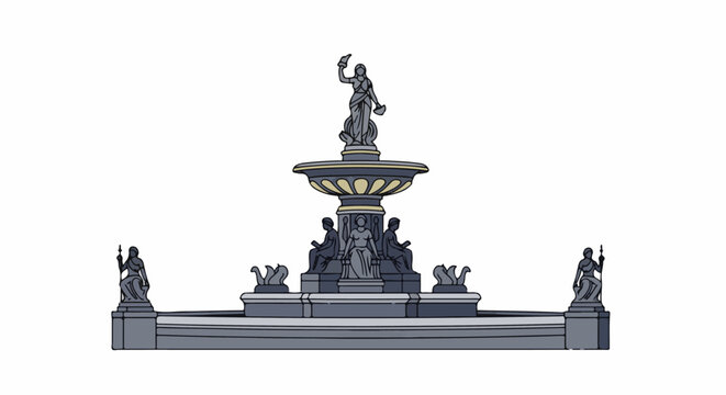 Ornate classical fountain with tiered bowls, sculptures of figures, and ornate statues