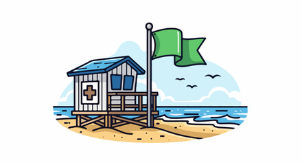 Fototapeta premium Beach lifeguard station with green flag and ocean view