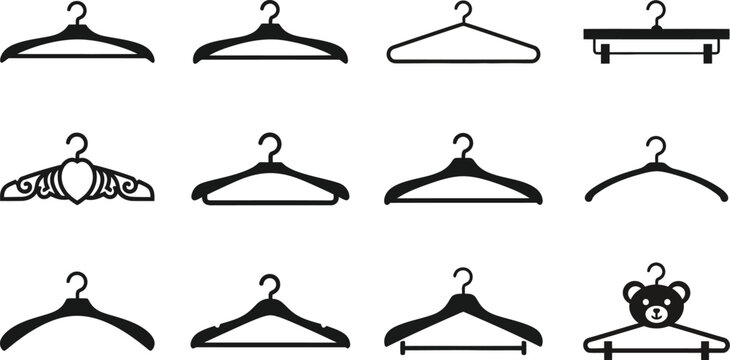 Set of twelve different types of black empty coat hangers for clothes Vector