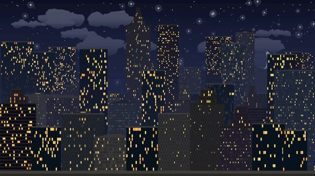 urban skyline cityscape animation loop of 24 hours day and night cycle, time lapse background from morning to night, modern skyscrapers flat 2d style illustration