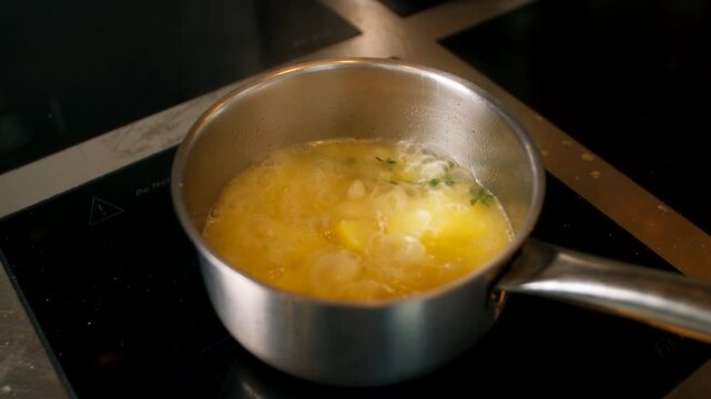 bright yellow soup or vegetable broth simmering inside a stainless steel saucepan on a modern induction cooktop hob, preparing liquid food ingredients.