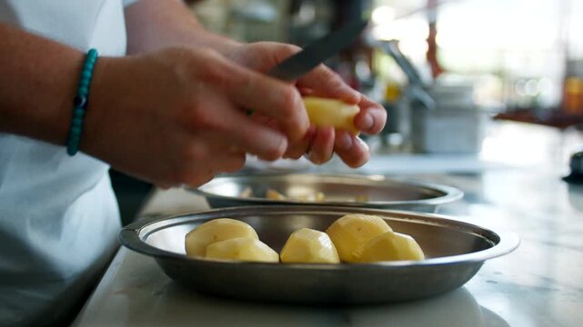 Close up of a professional chef hands peeling boiled yellow potatoes over a metal bowl, preparing organic ingredients for a traditional recipe in a restaurant kitchen.