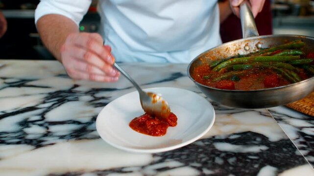 Close up of a professional chef plating a gourmet meal, carefully adding a red sauce or garnish from a hot pan onto a white ceramic plate in a restaurant kitchen environment