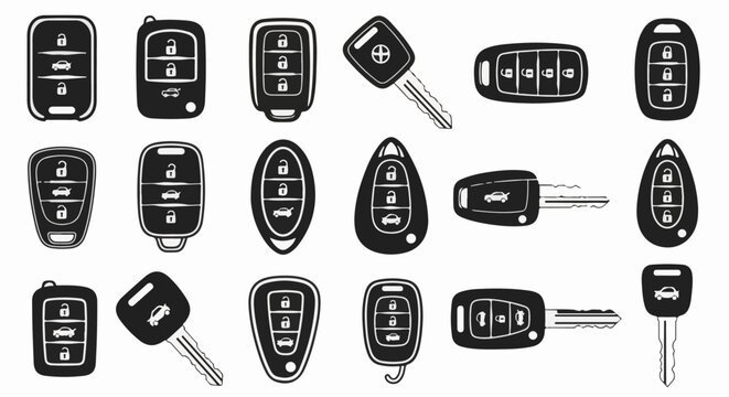 A collection of stylized car key fobs and traditional keys, each featuring car icons