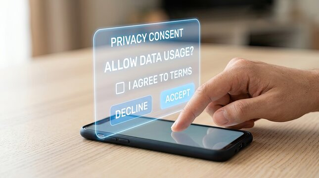 User Accepts Privacy Consent on Futuristic Holographic Interface.