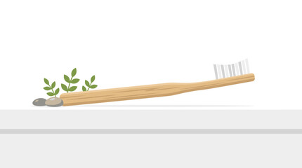 Naklejka premium Eco friendly bamboo toothbrush with green leaves and stones on white surface representing natural oral hygiene and sustainability