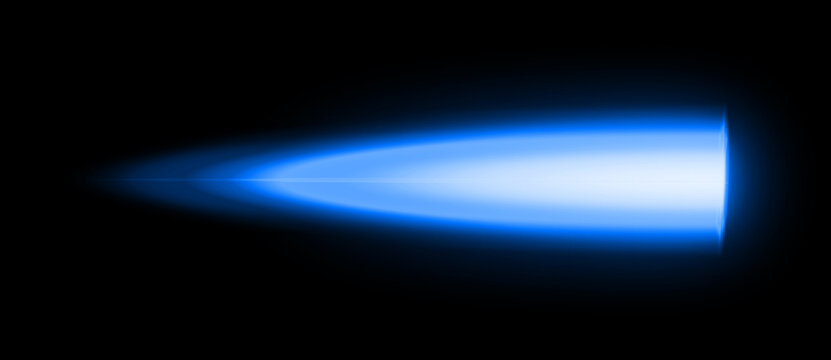 Sci-fi spaceship blue rocket thruster flame design on black background. Realistic burning plasma inferno, fighter jet exhaust blast illustration, and horizontal blue energy trail.