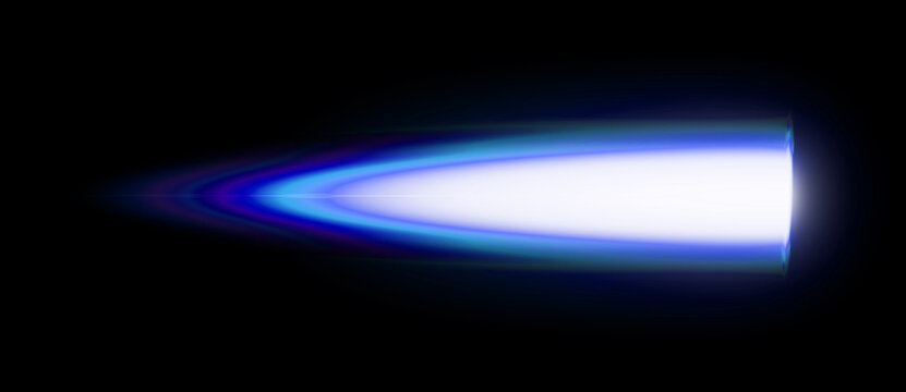 Sci-fi spaceship white rocket thruster flame design on black background. Realistic burning plasma inferno, fighter jet exhaust blast illustration, and horizontal blue energy.