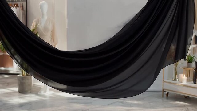 Black fabric hammock suspended in a modern interior space with soft lighting and decorative elements