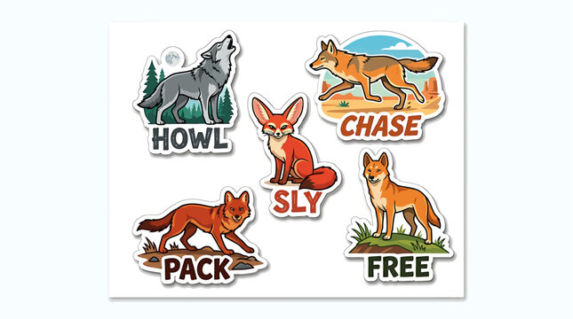 Canine Companions: A collection of vibrant, cartoon-style illustrations depicting various canids &ndash; a howling wolf, a sly fox, a running coyote, and two standing jackals &ndash; each with a descriptive word.